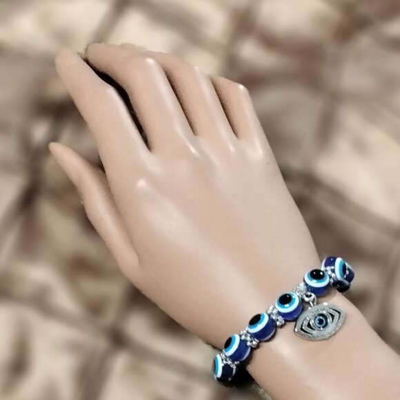 Evil Eye Blue Beaded Charm Bracelet for Protection and Blessing Stretchable Luck - Picture 6 of 16